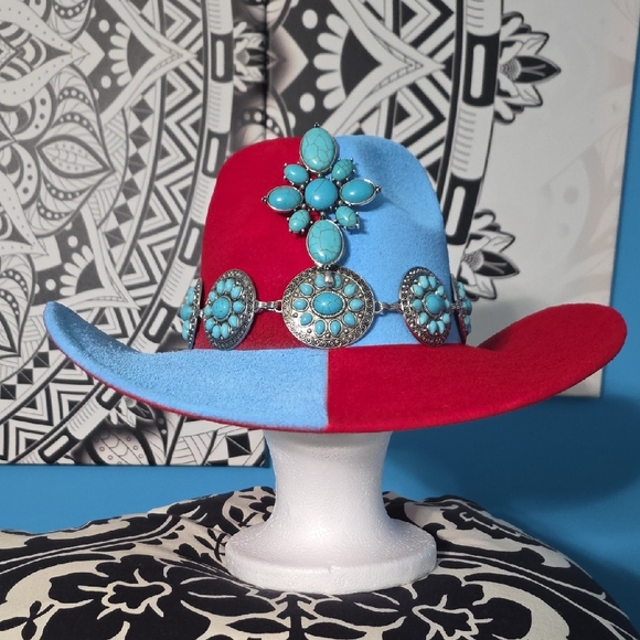 Turquoise Embellished Custom Red/Blue Cowboy Hat - Picture 1 of 8